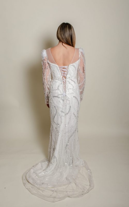 Robe de mariée divina blanche paillettes sequins sirène VI FAMILY 2025